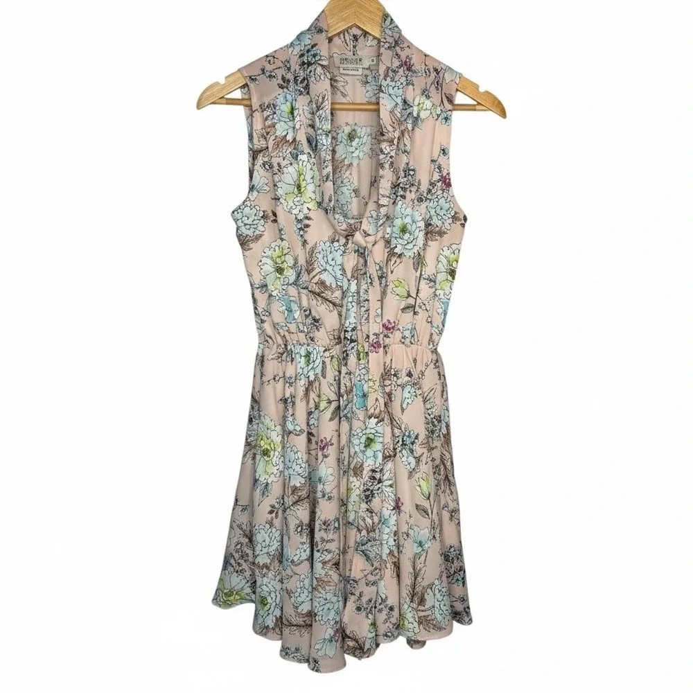 Molly Bracken Floral Tie Neck Mini Dress Womens Size S Pink Sleeveless Fit Flare